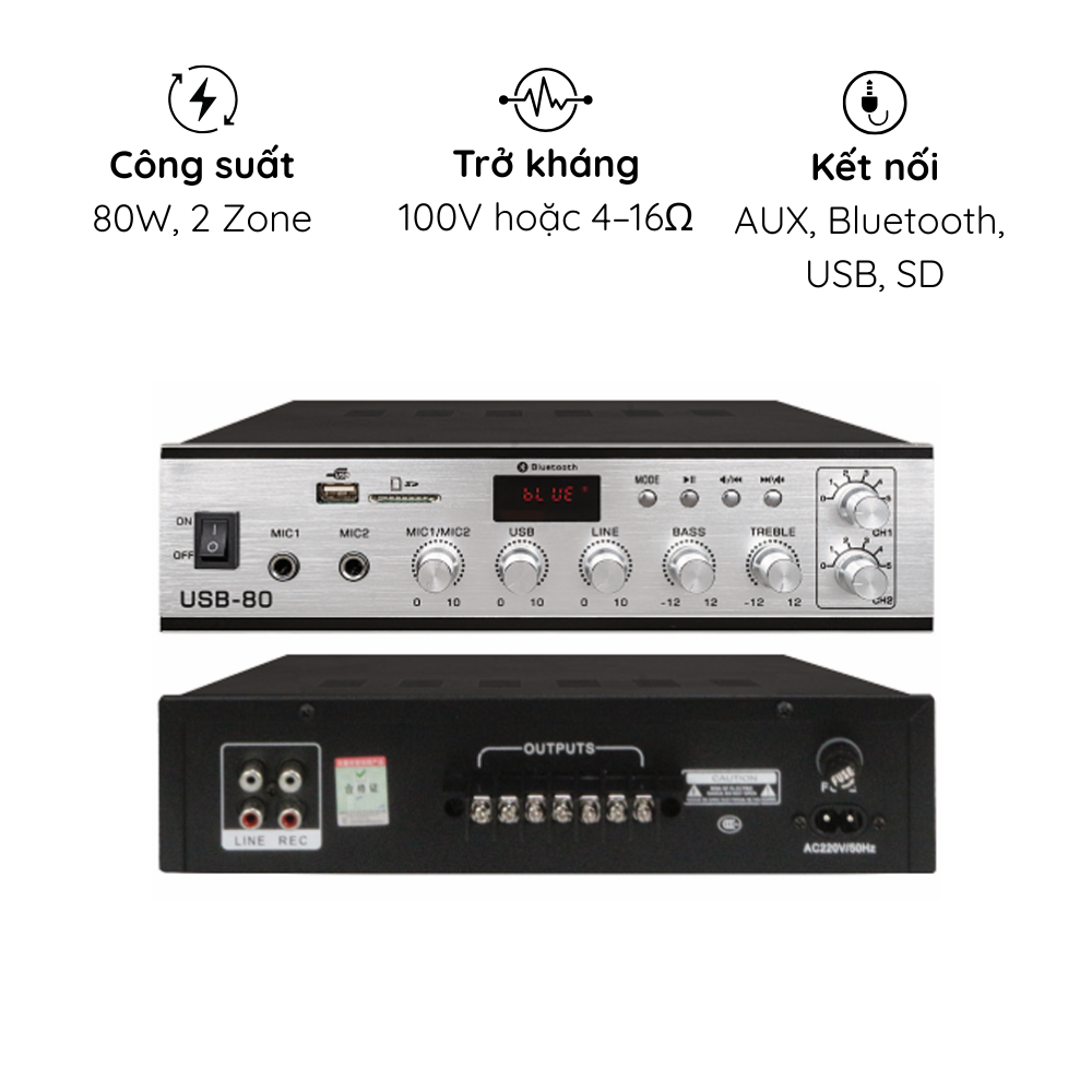 Âm Ly 80W 2 Zone Kacaudio M-80USB