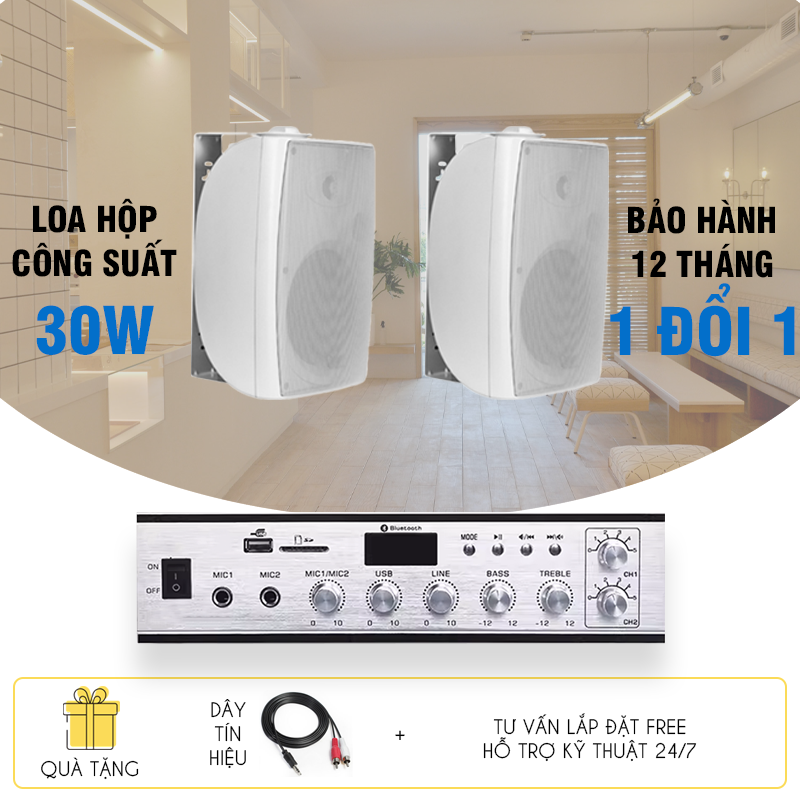 Bộ loa treo tường cho quán cafe nhỏ - Combo 2 loa 30W kèm amply