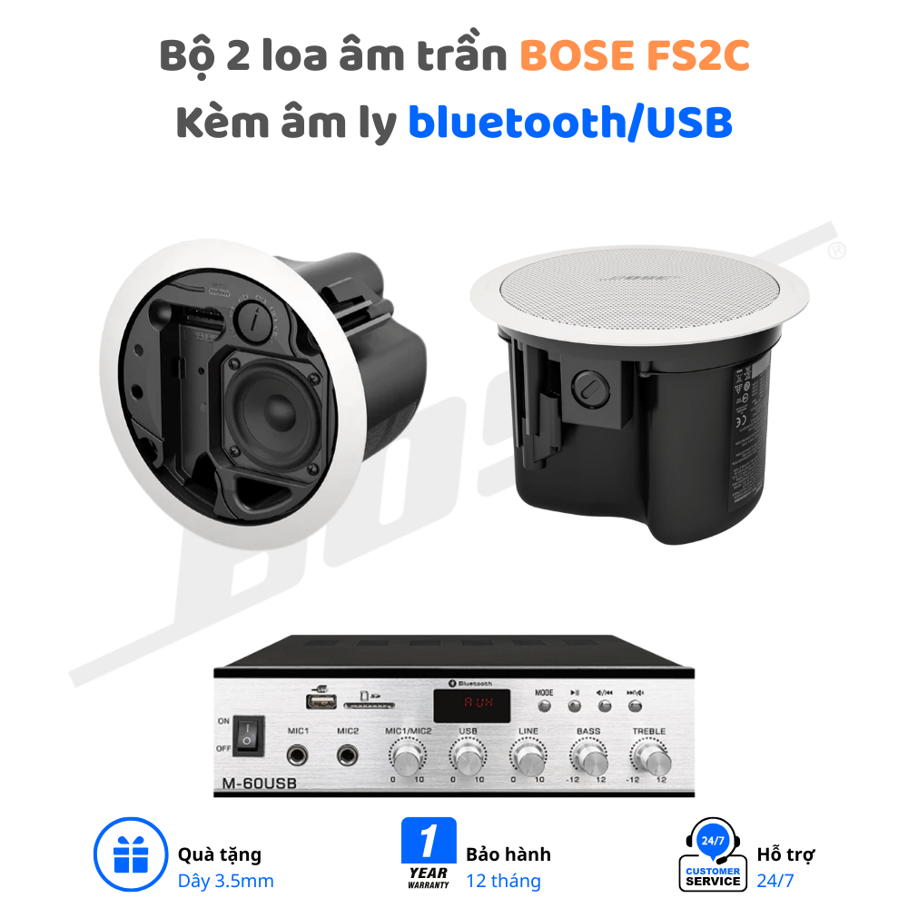 Bộ 2 Loa Âm Trần Bose FS2C Kèm Amply Bluetooth USB-60 chính hãng