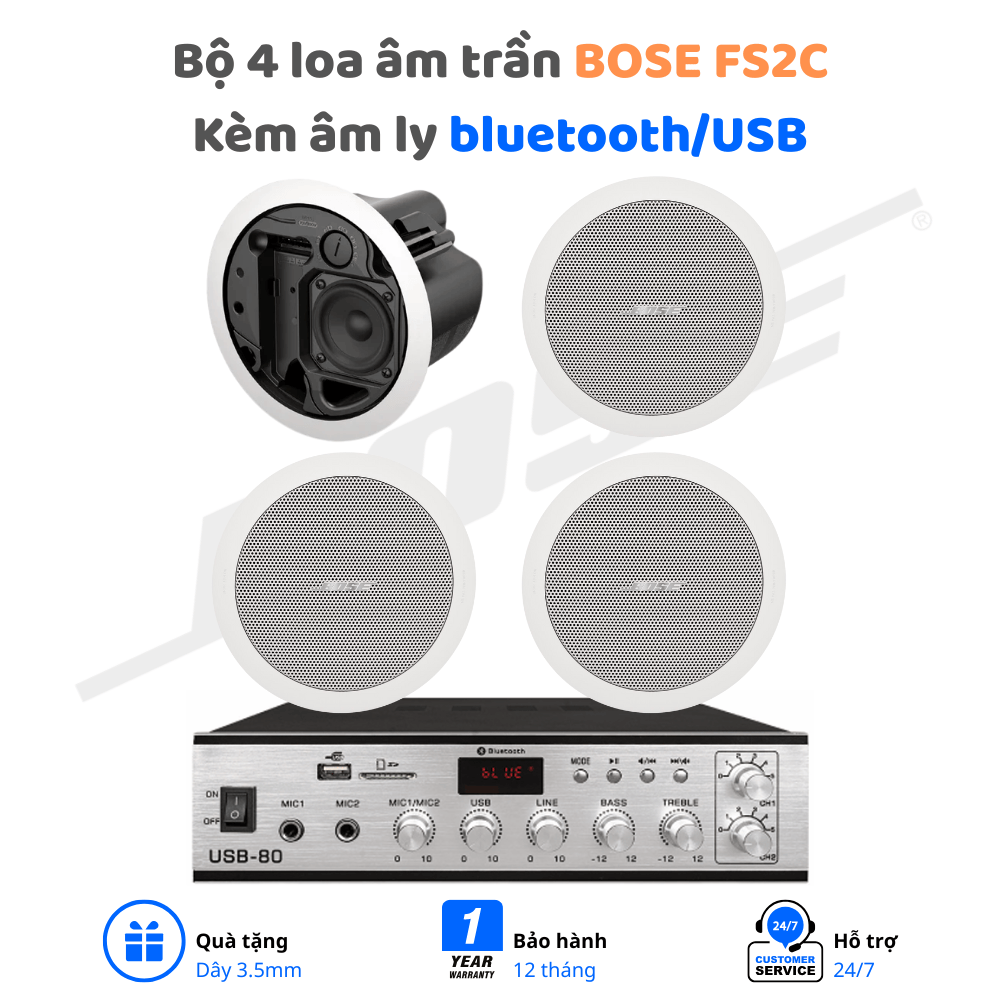 Bộ 4 Loa Âm Trần Bose FS2C Kèm Amply Bluetooth M-80USB chính hãng