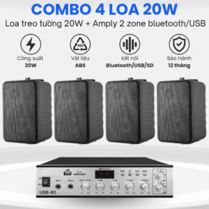 Loa treo tường cho quán cafe, nhà hàng, khu vui chơi – Bộ 4 loa 20W kèm Amply Bluetooth USB