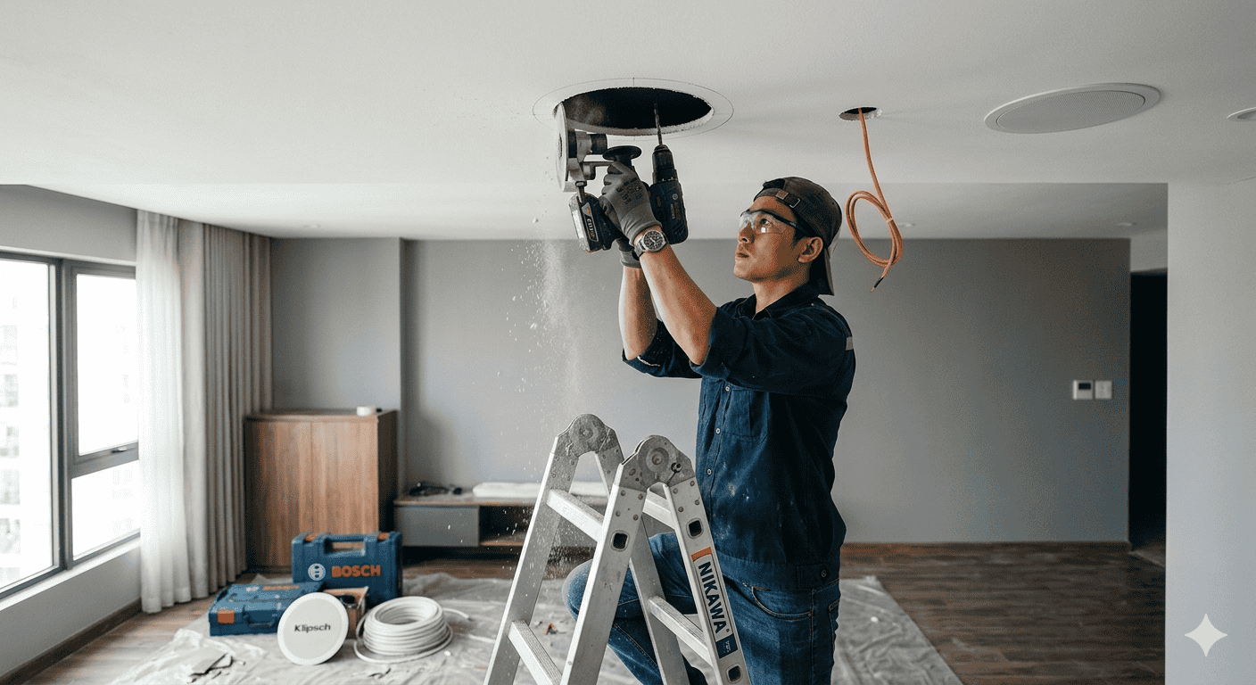 Khoét lỗ lắp loa âm trần bluetooth AC-704BT